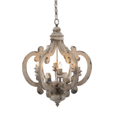 Saga 21 Inch 6 Light Chandelier, Carved Wood Frame, Classic, Vintage, White