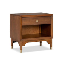 Revelation Century Modern Style 1pc Nightstand English Dovetail Drawer USB Port Gold Capped Legs Walnut Finish Bedroom Furniture