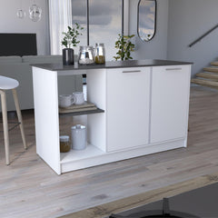 Poem Kitchen Island with Large Top Surface, Double Door Cabinet, and Open Shelves White / Onyx