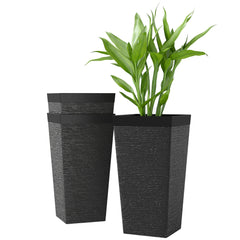 22.8 Inch Set of 3 Outdoor Planters with Stone Finish and Wheels, Stackable Tapered Planters with Drainage Hole, Black