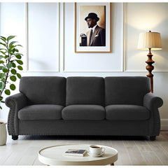 Soft Velvet Sofa, Upholstered 3 Seater Couch with High-Density Foam, Loose Back Cushions and Solid Wood Turned Legs, Chic Living Room Furniture for Home, Apartment and Office, Black