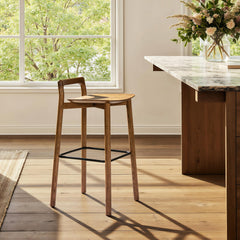 Shangri-La 30" Modern Minimalist Low Back Wood Barstool, Dark Brown Walnut Ash Wood