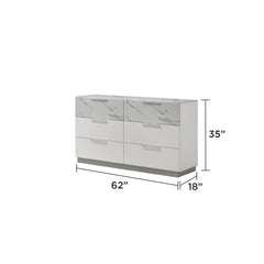 Hecuba Dresser White – Two-Tone High-Gloss Marble & Lacquer Finish with Six Spacious Drawers, Velvet-Lined Interiors (INCLUDES DRESSER ONLY)