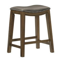 Avalon 26 Inch Counter Height Stool, Gray Faux Leather Seat, Brown Solid Wood
