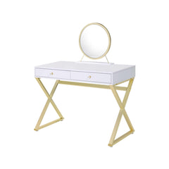 Aura White & Gold Finish Vanity Desk W/Mirror & Jewelry Tray