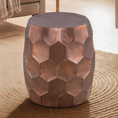 Modern Contemporary Round Aluminum material 32" Coffee Table and 21"Height End Table Set 2PC Tables with Glossy Diamond-Patterned Base Copper