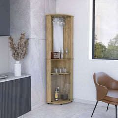 Meteor 75" H Mirrored Corner Bar Cabinet, With Glass Doors, Two Shelves and Stemware Macadamia