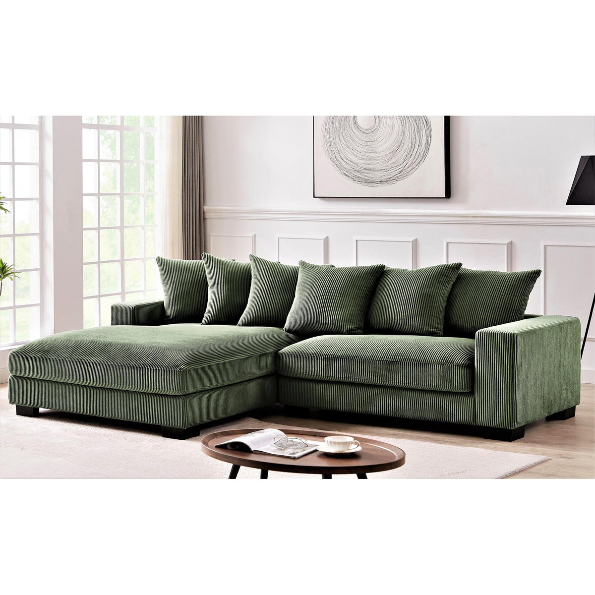 Odysseus Oversized Two-Piece Left Facing Sectional Couches for Living Room, 102.4-Inch L Shaped Sofa with Chaise, Upholstered with Corduroy Fabric, Dark Green