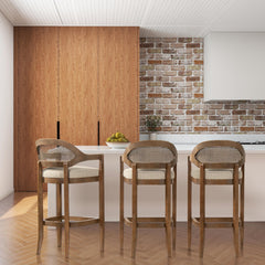 Ares Mid-Century Modern 30.5" Cane Back Bar Stool, Taupe Beige