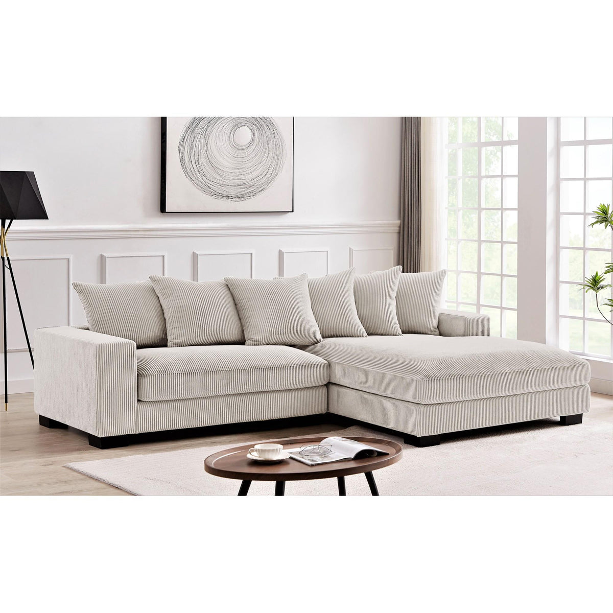 Odysseus Oversized Two-Piece Right Facing Sectional Couches for Living Room, 102.4-Inch L Shaped Sofa with Chaise, Upholstered with Corduroy Fabric, Ivory