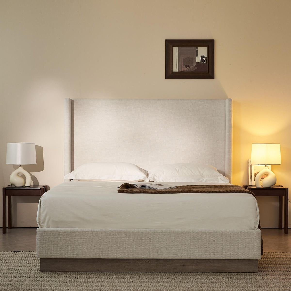 Asgard Upholstered Wingback Bed / Upholstered Wood Base Platform Bed / 52.5" High Headboard / Minimalist / Rusticity / No Box Spring Needed / King / Textured Ivory Canvas / No Noise