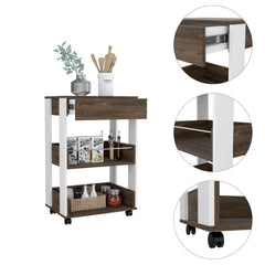 Millennium Kitchen Cart, Three Shelves, Four Casters -White / Dark Walnut