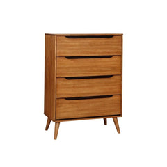 1pc Chest Modern Mid-Century Style Recessed Drawers Handle Tapered Round Legs Four Drawers Oak Finish