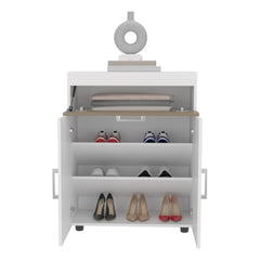 Asgard Shoe Rack With Double Doors And Interior Shelves, Freestanding Footwear Storage Cabinet, White/ Natural Oak