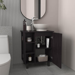 Cosmos Vessel Sink Vanity With One Door Storage And Open Shelves, Freestanding Bathroom Cabinet, Black