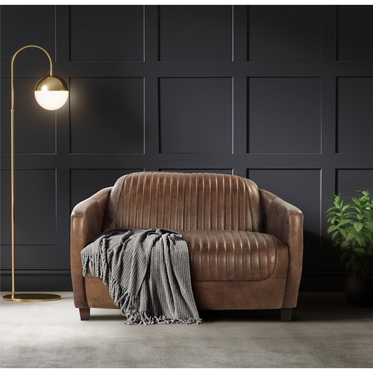 Poseidon Retro Brown Grain Leather & Aluminum Loveseat