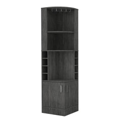 Story Corner Bar Cabinet, Eight Bottle Cubbies, Double Door, Two Open Shelves -Smokey Oak