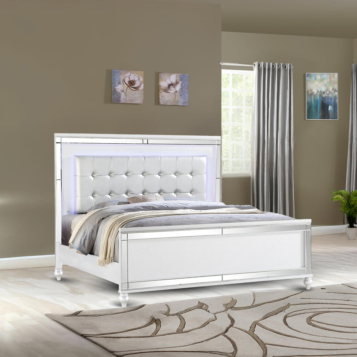 Utopia King Size Upholstered LED Bed made with wood in White Color
