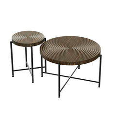 2-Piece Coffee and End Table Set – Waterproof MDF with PVC Cover, Distressed Cylindrical Design, Black Metal Legs – Classic Rustic Charm, Dark Walnut