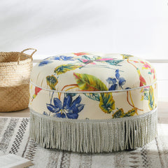 Planet 24" Round Upholstered Accent Ottoman, Beige & Tropical Floral with Ivory Trim