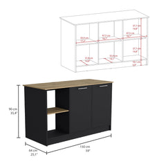 Poem Kitchen Island with Large Top Surface, Double Door Cabinet, and Open Shelves Black / Macadamia
