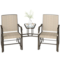 Outdoor Glider Chairs with Coffee Table, Patio 2-Seat Rocking Chair Swing Loveseat with Breathable Sling for Backyard, Garden, and Porch, Light Brown