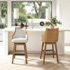 Pandora 30" Cane Rattan High-Back Swivel Bar Stool with Recessed Arms, Two-Tone Neutral Gray Polyester Wool Blend