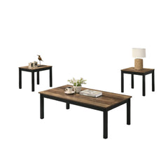 Contemporary Style 3pc Table Set 1x Coffee Table 2x End Table Faux Marble Top Wooden Legs Brown Finish Primary Living Room