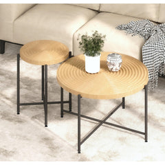 2-Piece Coffee and End Table Set – Waterproof MDF with PVC Cover, Distressed Cylindrical Design, Black Metal Legs – Classic Rustic Charm, Technical Wood