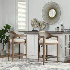 Ares Mid-Century Modern 26" Cane Back Counter Stool, Taupe Beige Textured Weave