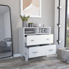 Armageddon Two Drawer Dresser, Two Open Shelves, Superior Top, Four Legs -White