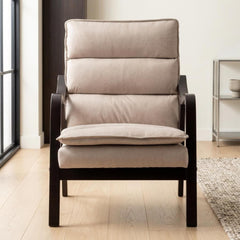 Mid-Century Modern Light Camel Accent Chair with Wood Armrest, Upholstered Reading Chair for Living Room Bedroom