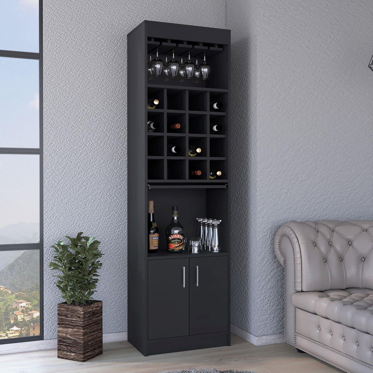 Chronos Kava Bar Cabinet, Double Door, Two Shelves, Sixteen Built-in Wine Rack -Black