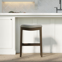 Story Saddle Distressed Espresso Wood Bar-Height Barstool with Smoke Gray Fabric, 1PC