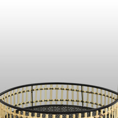 Ares Wall Mirror Decor with Woven Shelf, 20 Inch Tall Black Metal