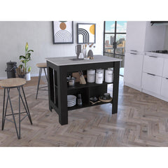 Astyanax Kitchen Island, Four Legs, Three Shelves -Black / Ibiza Marble