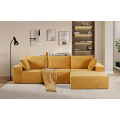 Moon Convertible Sectional Sofa in Soft Corduroy, Modern Comfy Couch with Full Foam Cushioning, Cozy Sleeper Sectional for Living Room, Bedroom, No Assembly Required, Ginger Yellow - Right Facing