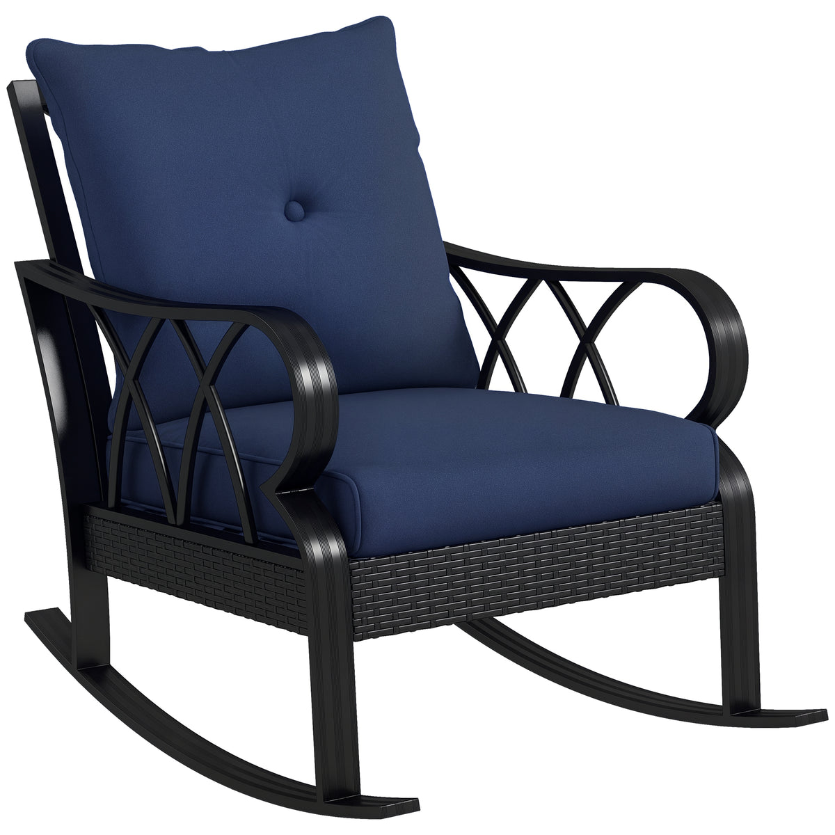 Outdoor Wicker Rocking Chair with Padded Cushions, Aluminum Furniture, Rattan Porch Rocker Chair w/ Armrest, Navy Blue