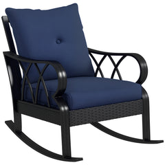 Outdoor Wicker Rocking Chair with Padded Cushions, Aluminum Furniture, Rattan Porch Rocker Chair w/ Armrest, Navy Blue