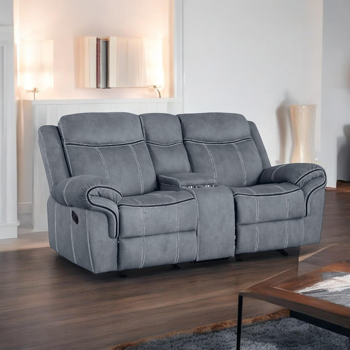 Haven Two Tone Gray Velvet Recliner Loveseat w/USB Port & Console