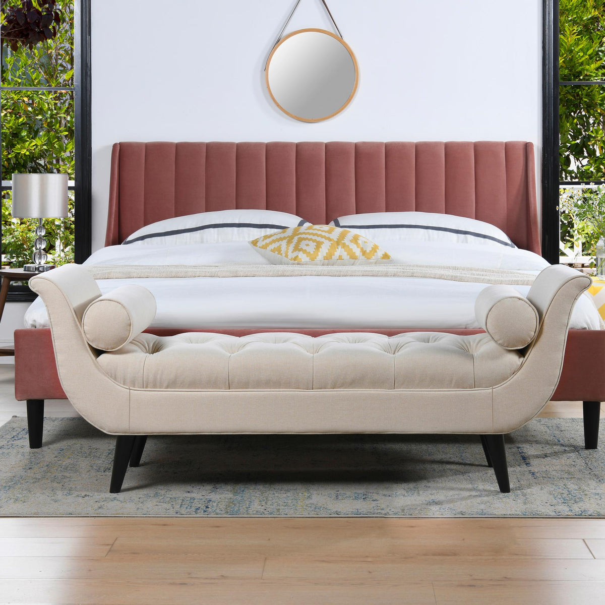 Melody Tufted Flared Arm Entryway Bench, Sky Neutral Beige Polyester