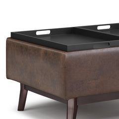 Hecuba 34 inch Wide Tray Top Small Coffee Table Storage Ottoman in Distressed Chestnut Brown Vegan Leather