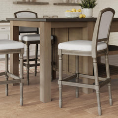 31" Weathered Gray Bar-Height Bar Stool with Gray Upholstered Seat and Back, 1PC