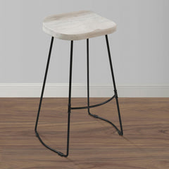 Neptune 30 Inch Handcrafted Backless Barstool, Whitewashed Mango Wood Saddle Seat, Black Metal Base