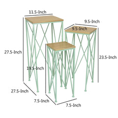 Odysseus 3pc Nesting Plant Stand Table, Brown Wood, X Cross Green Metal
