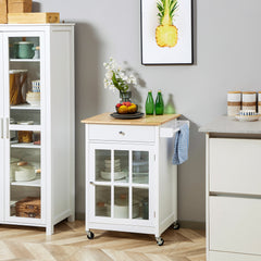 27" Rolling Kitchen Island Cart with Drawer and Glass Door Cabinet, Kitchen Trolley with Adjustable Shelf and Towel Rack, White