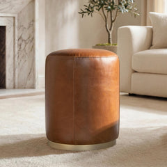 Menelaus 16" Round Leather Ottoman Stool, Camel Brown Leather