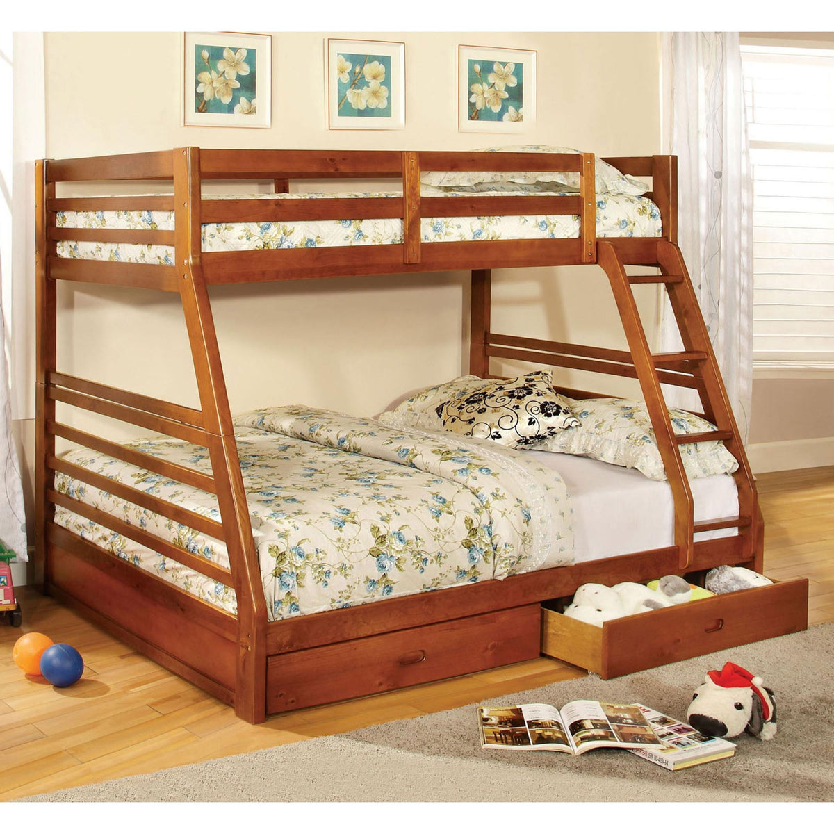 Perseus Finish Twin Over Full Bunk Bed Modern Transitional Style Include Two Large Drawers for Under Bed Storage And Attached Ladder