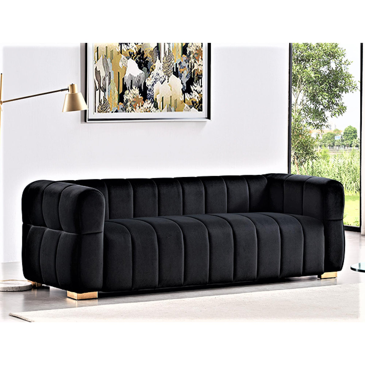 Velvet Sofa with Tufted Low Back Design, Sophisticated 3 Seater Couch for Living Rooms, 89 Inch Wide, Easy Assembly