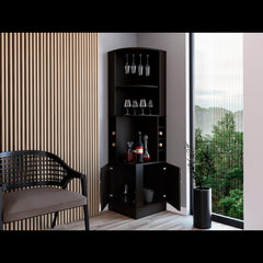 Asteroid bar cabinet 71" H, with two shelves at the top, 1 glass holder, 8 exterior bottle racks, 1 central shelf and a lower drawer with 2 side doors, black
